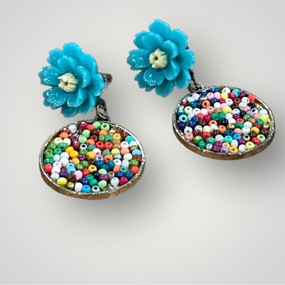 Jewelry - Beaded Multi Color Floral Post Earrings Fun Happy Beads Colorful Dangle Drop